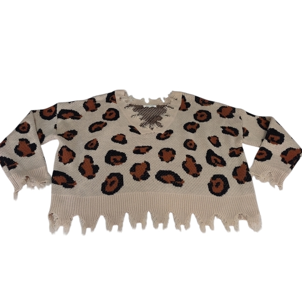 MIracle Distressed Sweater  Women's Brown/Black/Cream Leopard Print Sz M/L NWOT - Picture 3 of 8